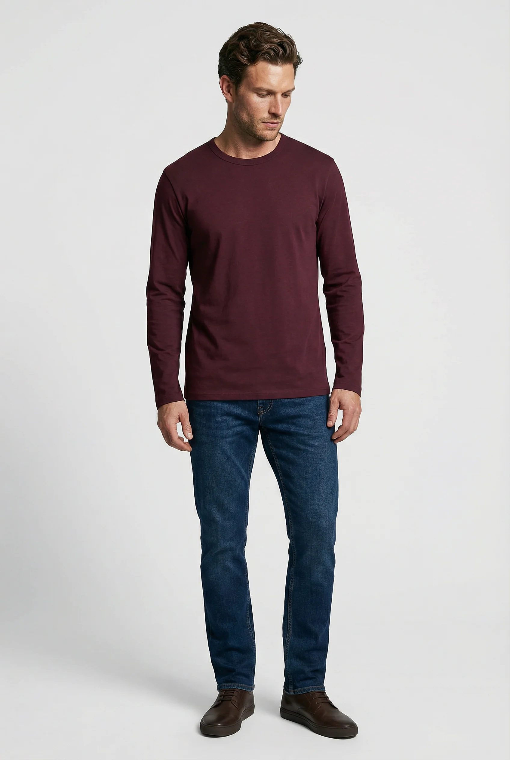 Bevis Long Sleeve Cotton T-shirt - Burgundy - Image 4