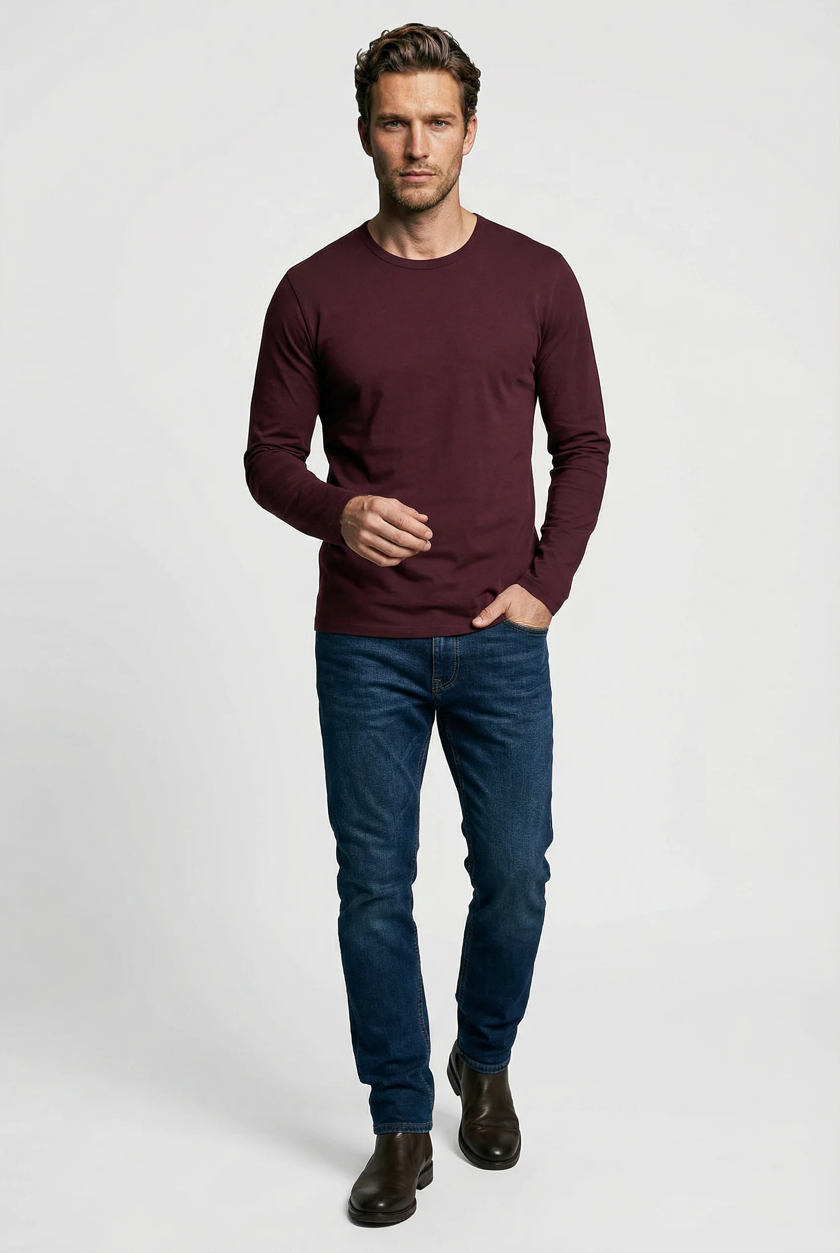 Bevis Long Sleeve Cotton T-shirt - Burgundy - Image 5