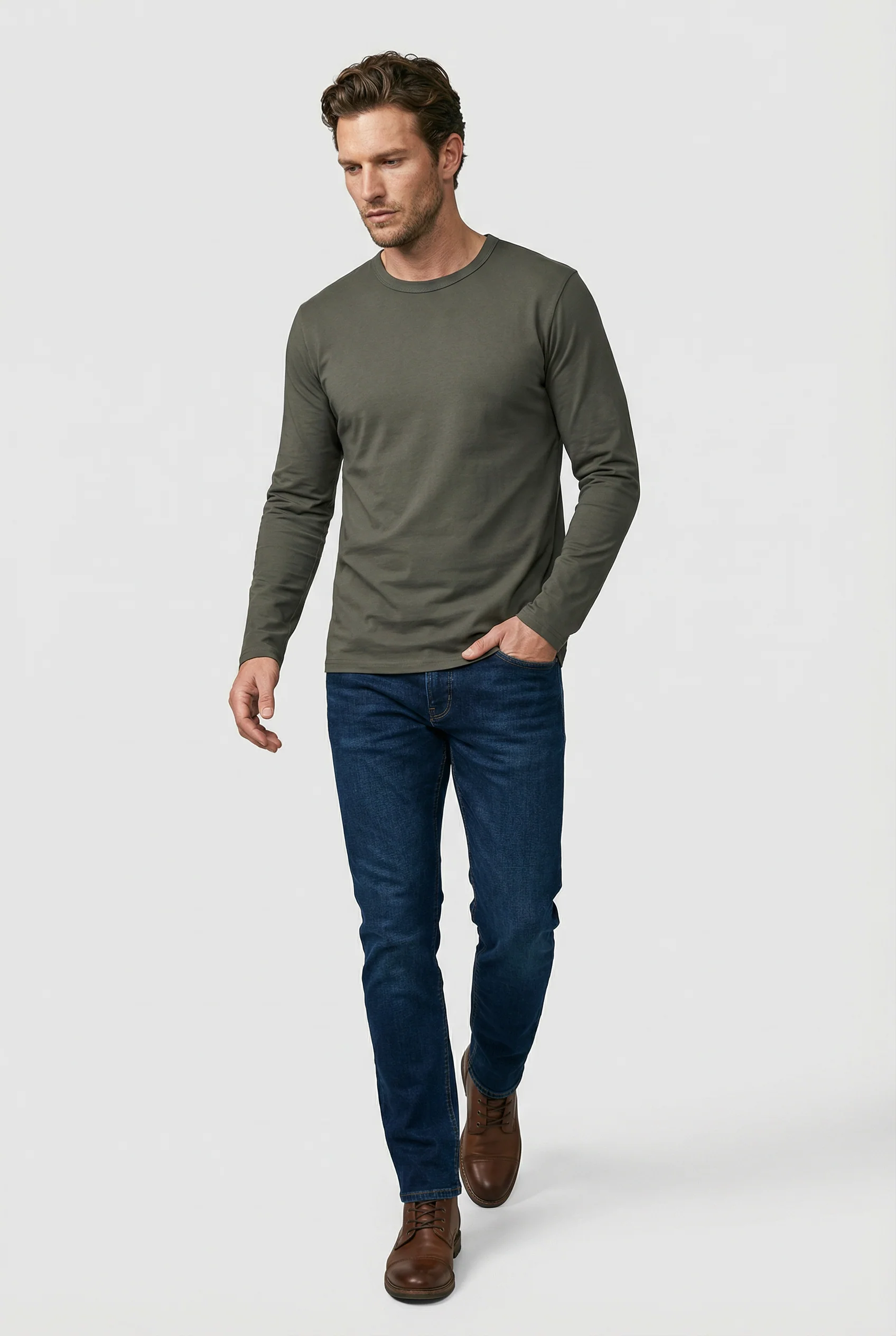 Bevis Long Sleeve Cotton T-shirt - Olive - Image 4