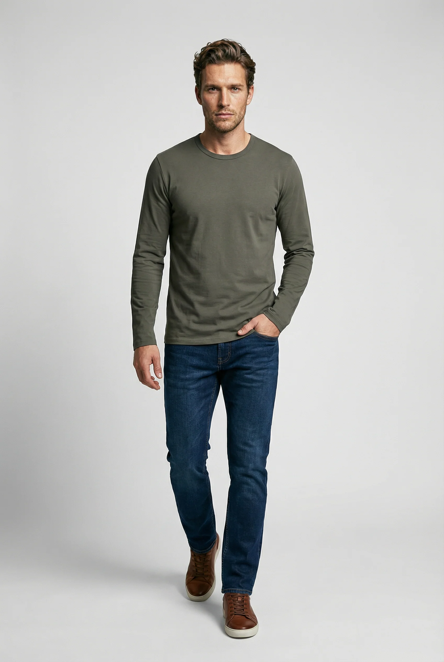 Bevis Long Sleeve Cotton T-shirt - Olive - Image 5
